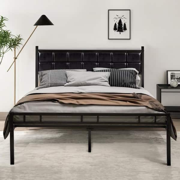 VECELO Heavy-Duty Bed Frame Black Metal Frame Queen Platform Bed with PU Upholstered Headboard, No Box Spring Needed