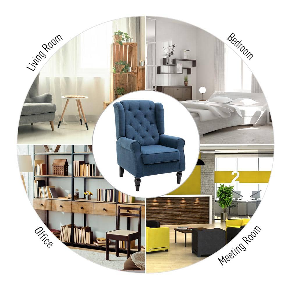 Blue Button-Tufted High Wingback Accent Chair with Wood Legs