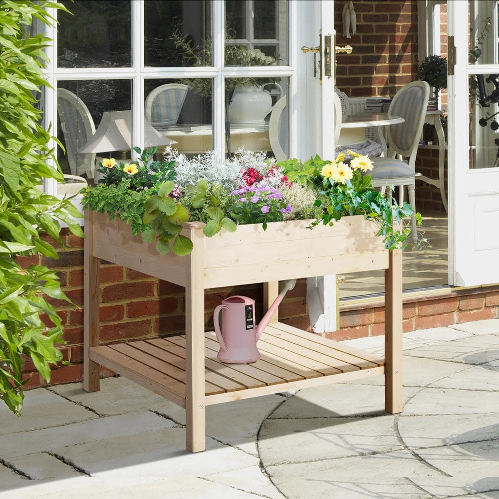 Natural Fir Wood 2-Tier Elevated Garden Bed with Storage Shelf