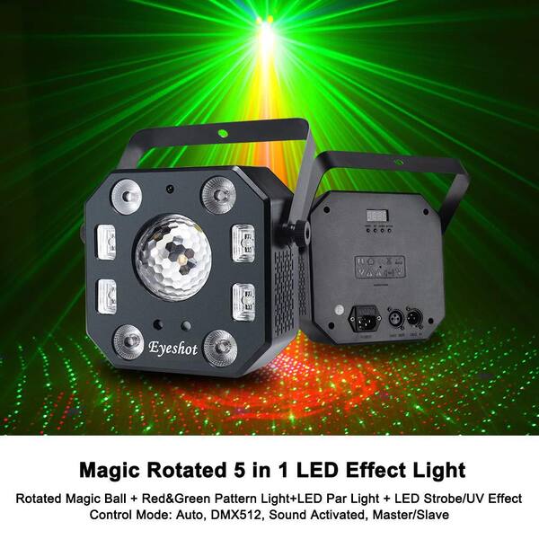 5 in 1 Stage Light Disco, Eyeshot with Magic Ball, Led Par Pattern Strobe Light with UV Effect, Remote and DMX Control