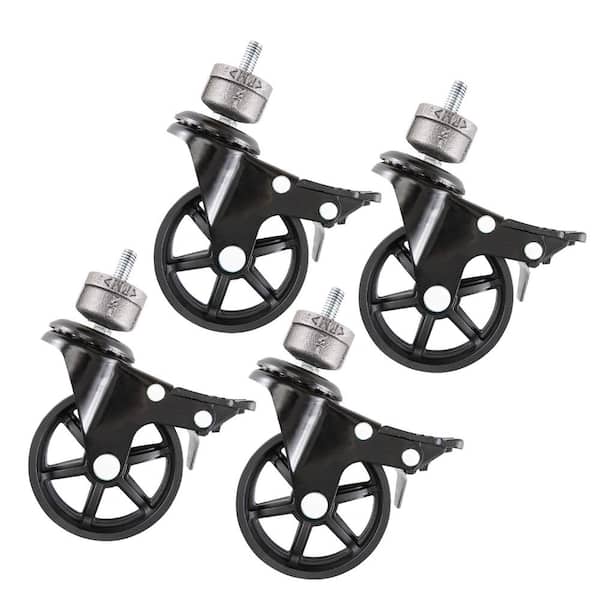 PIPE DECOR 1/2 in. Black Malleable Iron Cap Fitting with 3 in. Caster Wheel for Pipe Furniture (4-Pack)