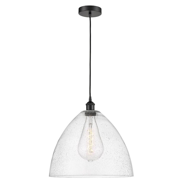 Edison Dome 60-Watt 1-Light Matte Black Shaded Mini Pendant Light with Seeded Glass Shade