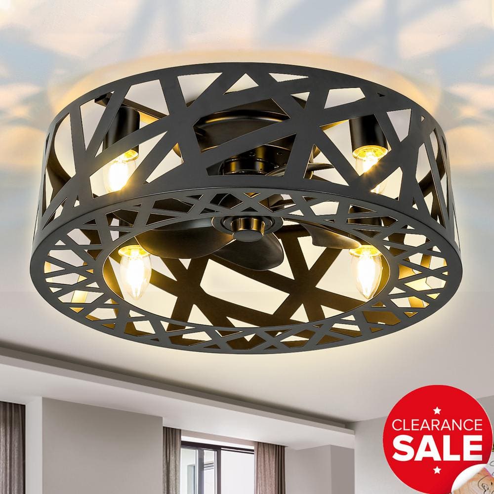 18 in. Indoor Black Farmhouse Caged Ceiling Fan with Light, 4-light Flush M
