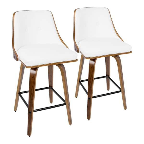 Lumisource Gianna 36.5 Counter Height Bar Stool in White Faux Leather and Walnut Wood (Set of 2)