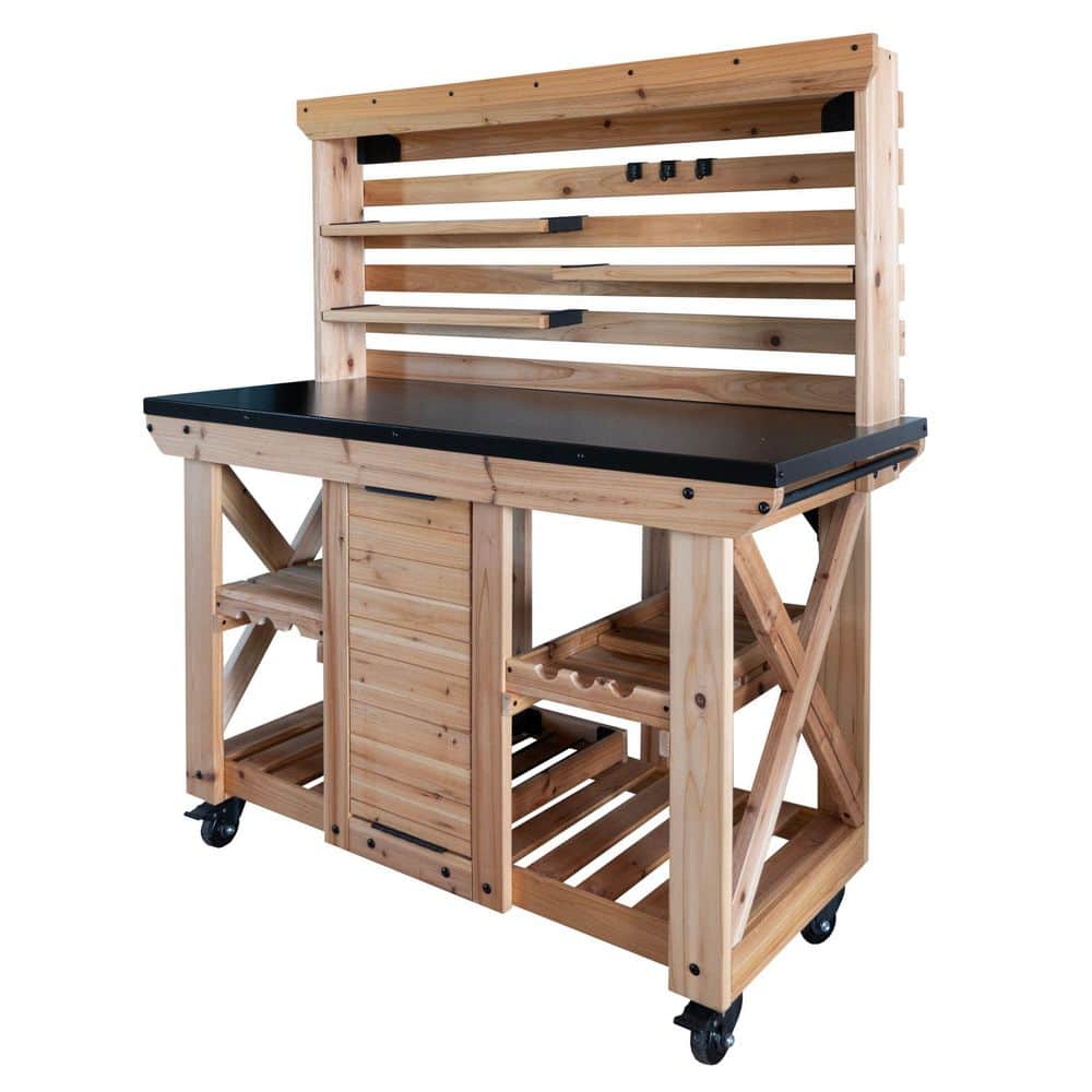 48 in. W x 48 in. H Natural Brown Cedar Wood Buffet Hutch Serving Station with Galvanized Steel Countertop