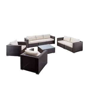 Santa Rosa Multi-Brown 8-Piece Faux Rattan Patio Conversation Set with Beige Cushions