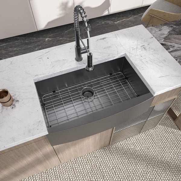 27 in. Farmhouse Apron Front Single Bowl 16-Gauge Gunmetal Black Stainless Steel Kitchen Sink with Bottom Grids