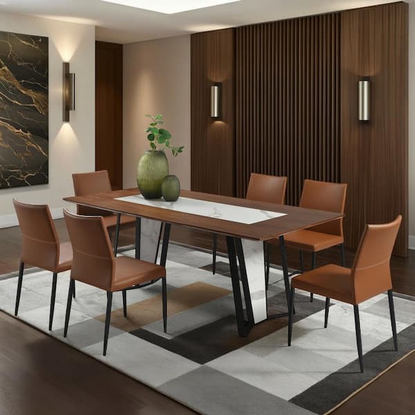 Tanya Contemporary 7-Piece Rectangular Walnut/Black Sintered Stone and Walnut Top Dining Room Set - Seats 6