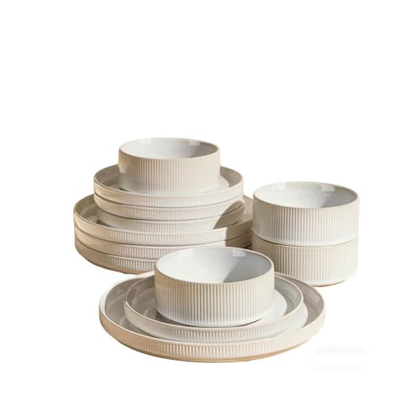 12-Piece Reactive White Ceramic Dinnerware Set (Service for 4), Porcelain Lightweight Plates and Bowls Sets