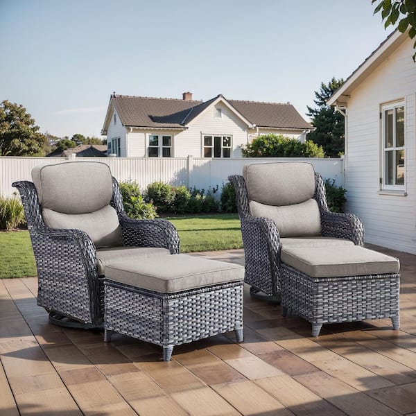 LunaCurve Gray Swivel Glider Wicker Patio Conversation Set with Gray Olefin 5 in. Thick Cushions/Ottoman (4-Piece)