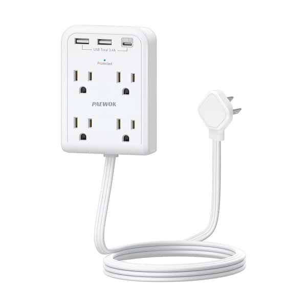 Lukyamzn 4 ft. Flat Multi Plug Extension Cord 4-Outlets Surge Protector in White with 2 USB and 1 Type C Port Wall Charger
