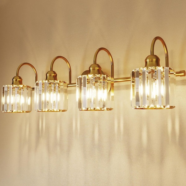 ExBrite Merrin 32 in. 4-Light Brushed Gold Bathroom Vanity Light with Crystal Shades