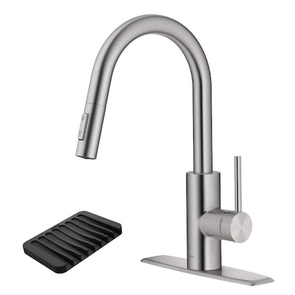 KRAUS Oletto Single Handle Pull Down Sprayer Kitchen Faucet in Spot-Free Stainless Steel with Soap Dish/Sponge Holder