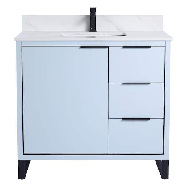 FINE FIXTURES Opulence 36 in. W x 18 in. D x 33.5 in. H Bath Vanity in Pastel Blue with White Carrara Single sink Top