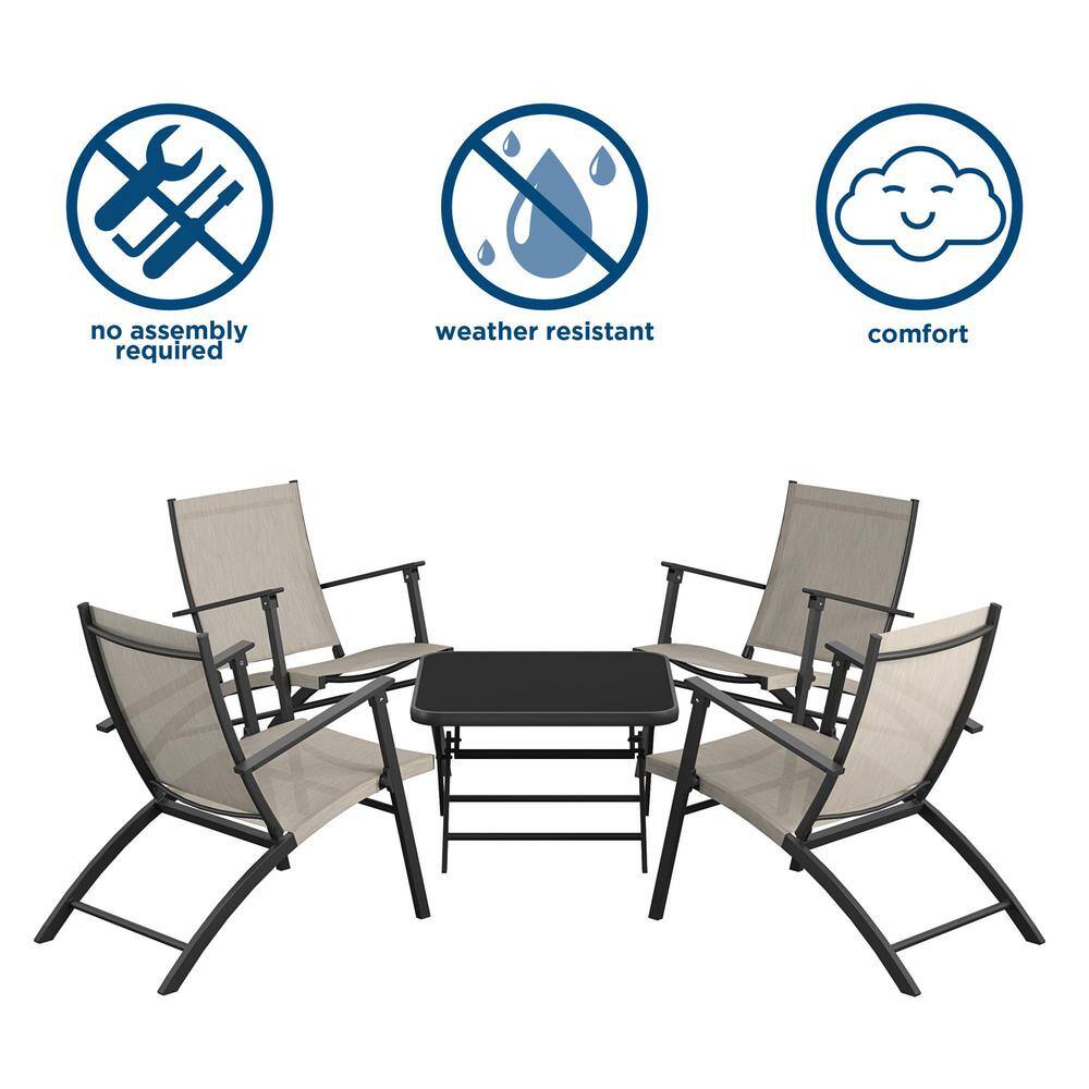 Beige and Black Steel 5-Piece Folding Sling Patio Chat Set