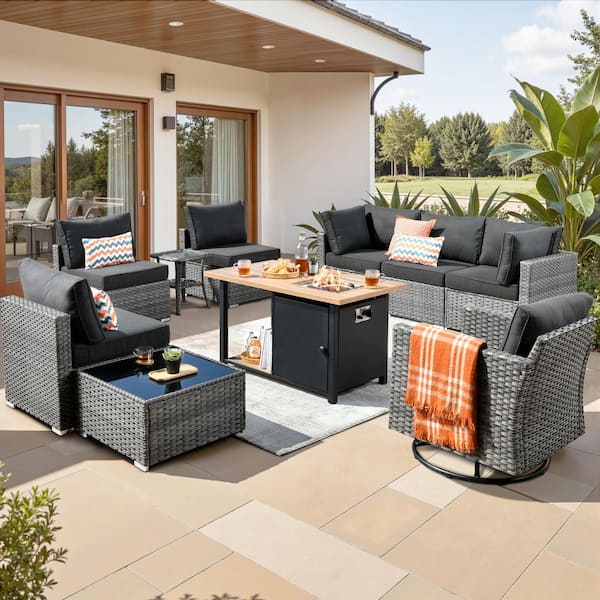 Sanibel Gray 10-Piece Wicker Patio Conversation Sofa Set with a Swivel Chair, a Storage Fire Pit and Black Cushions