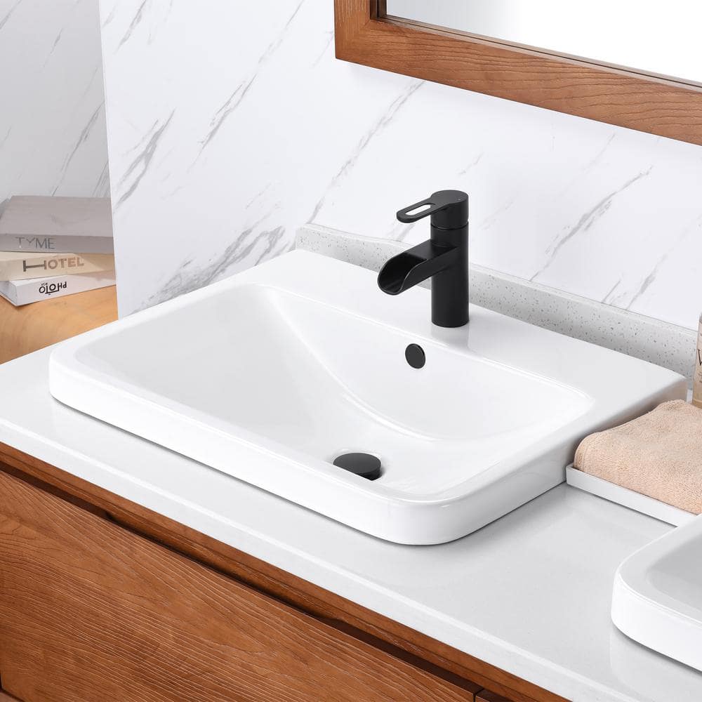 White Ceramic Rectangular Drop-In Bathroom Sink with Overflow
