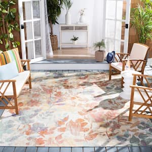 Barbados Beige/Red 7 ft. x 7 ft. Square Multi-Leaf Gradient Indoor/Outdoor Area Rug
