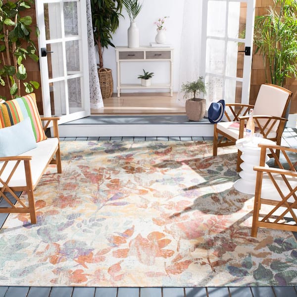 Barbados Beige/Red 10 ft. x 12 ft. Multi-Leaf Gradient Indoor/Outdoor Patio Area Rug