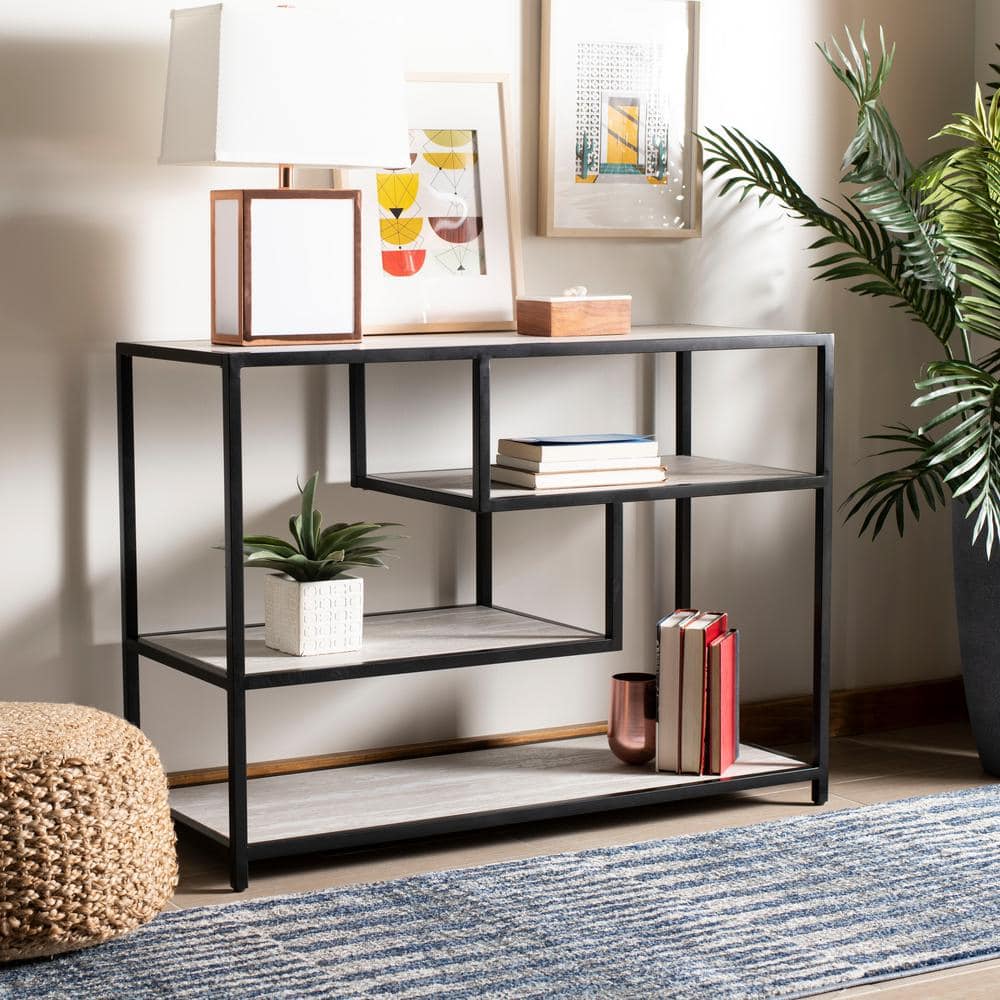 Beige and Black Geometric Wood Console Table with Storage