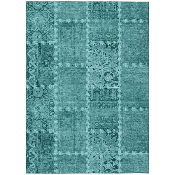 Turquoise, Teal Blue, Aqua 3 ft. x 5 ft. Woven Plaid Polyester Rectangle Indoor/Outdoor Area Rug