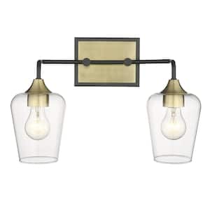 Gladys 17.25 in. 2-Light Antique Brass and Black Vanity Light with Clear Glass