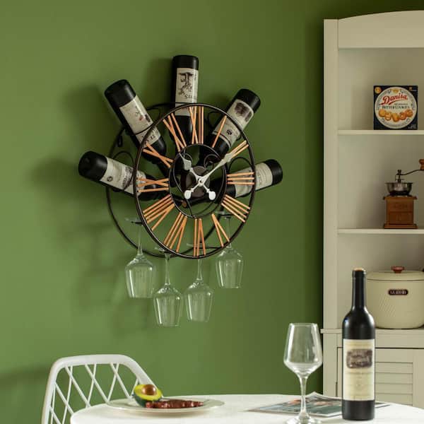 Vintiquewise Wall-Mounted Clock Design Wine Holder with Stemware