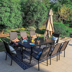 9-Piece Metal Patio Outdoor Dining Set with Expandable Table and Brown Rattan High Back Wave Arm Chairs