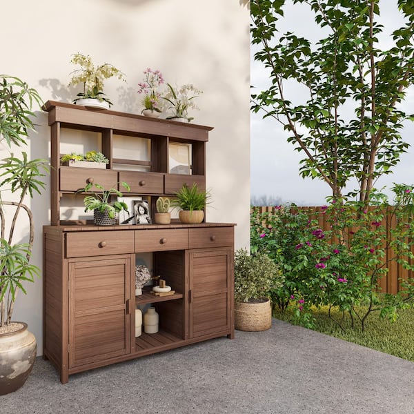 50 in. W x 65.7 in. H Brown Potting Bench Table with Hutch