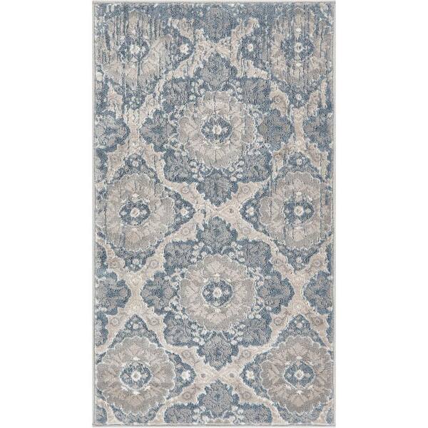 Well Woven Pearl Melody 2 ft. 3 in. x 3 ft. 11 in. Modern Tile Work Geometric Vintage Distressed Blue Area Rug