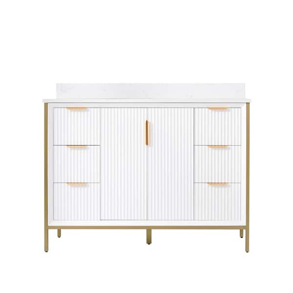48 in. W x 22 in. D x 35 in. H Solid Wood Modern Bathroom Vanity in White with Gold Trim, Quartz Top with Single Sink