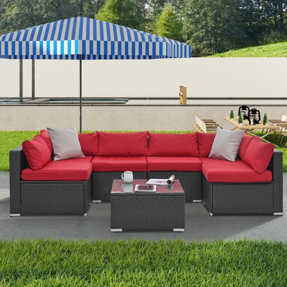 7 Piece Dark Gray Wicker Outdoor Sectional Sofa Set with Tempered Glass Top