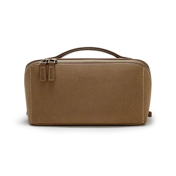 Travel Makeup Bag in JC-Khaki, Large Capacity Cosmetic Bag, Waterproof PU Leather, Flat Open Portable Toiletry Bag