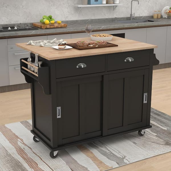 52 in. Black Rubber Wood Top Kitchen Cart Island with Drop Leaf, Sliding Barn Door, Drawers, and Wheels