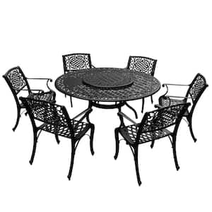 Black 7-Piece Aluminum Round Mesh Outdoor Dining Set with 6-Chairs