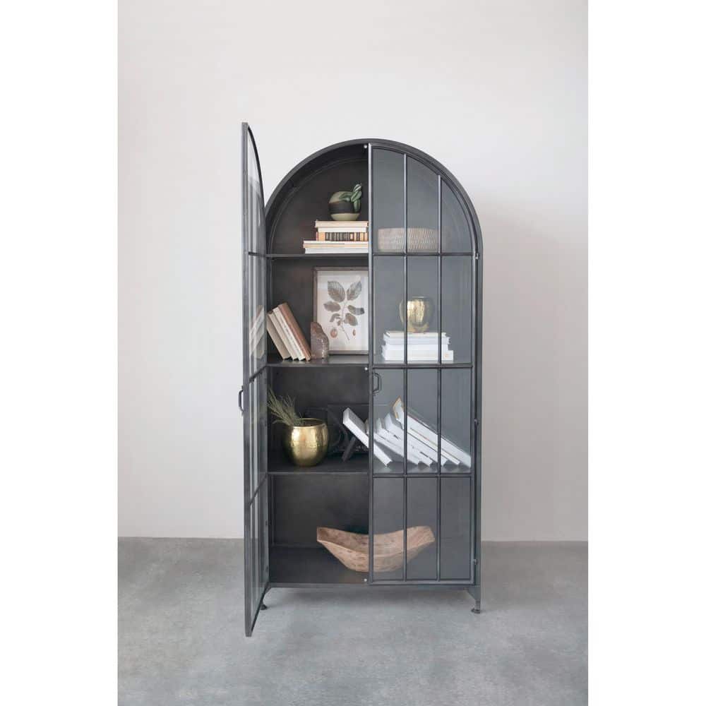 Arched Black Iron and Glass Office Storage Cabinet