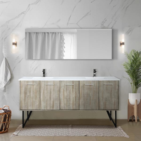 Lexora Lancy 72 in W x 20 in D Rustic Acacia Double Bath Vanity, White Quartz Top, Gun Metal Faucet Set and 70 in Mirror