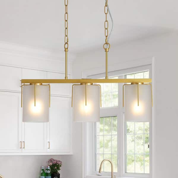 Phira 60 Watt 3 Light Gold Hanging Pendant Light Fixture with Frosted Glass Cylinder Shade