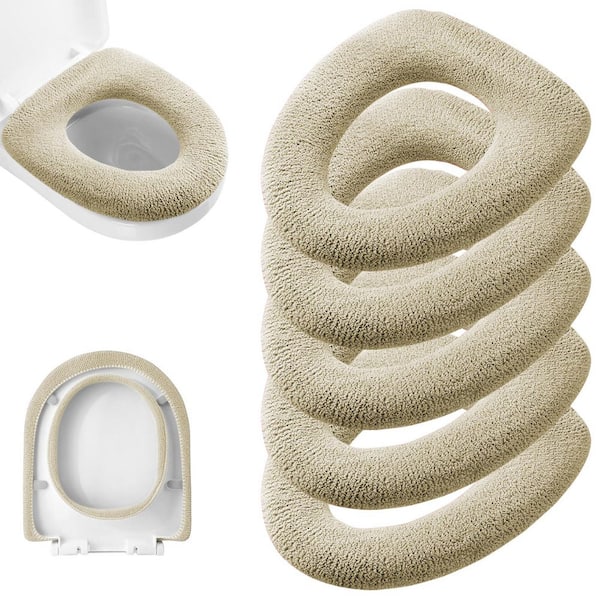 5 Pack Thicker Elongated Soft Warmer Stretchable Washable Knit Toilet Seat in Beige