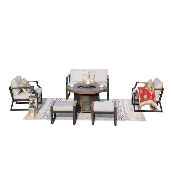 DIRECT WICKER Bright Black 6-Piece Aluminum Patio Fire Pit Set with Grey Cushions and Ottomans