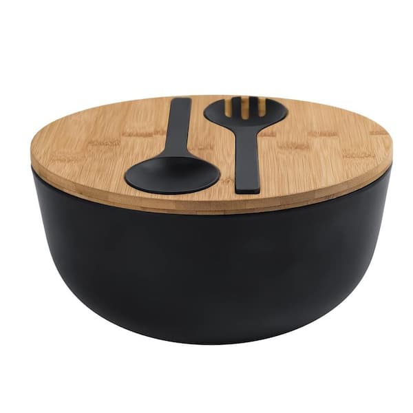 9.8 in. 3.7 qt. Bamboo Fiber Salad Bowl with Servers, Lid, Spoon and Fork for Fruits, Salads and Vegetables, Black