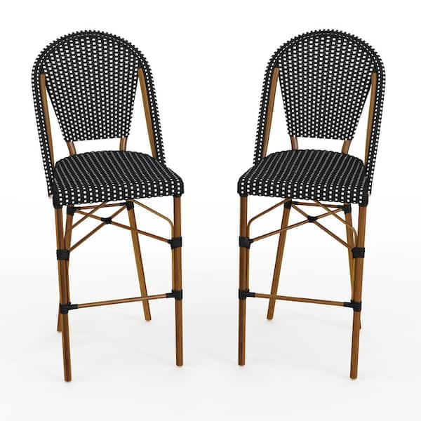 Lily Pond Stackable Aluminum Outdoor Bar Stools with Natural Woodgrain Frames, Black/White Rattan Backs/Seats, 2-Pack