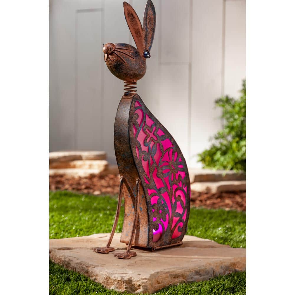 23" Copper Patina Solar Lighted Metal Rabbit Garden Statue