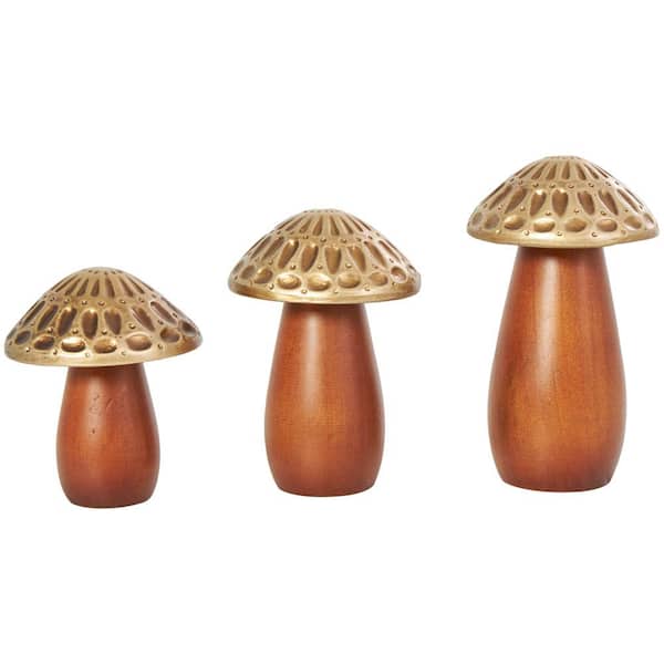 Litton Lane Brown Wood Mushroom Sculpture with Gold Tops and Groove Patterns (Set of 3)