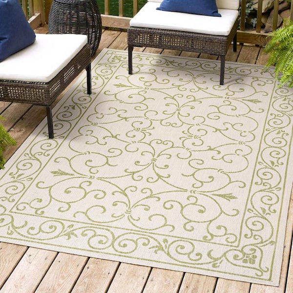 Charleston Vintage Filigree Textured Weave Cream/Green 9 ft. x 12 ft. Indoor/Outdoor Area Rug