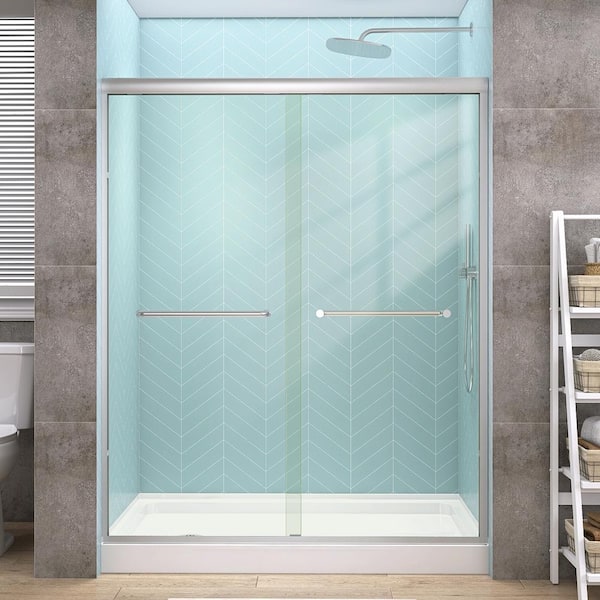 Getpro 56 in.-60 in. W x 72 in. H Double Sliding Framed Alcove Bypass Shower Door in Brushed Nickel with 1/4 in. Clear Glass