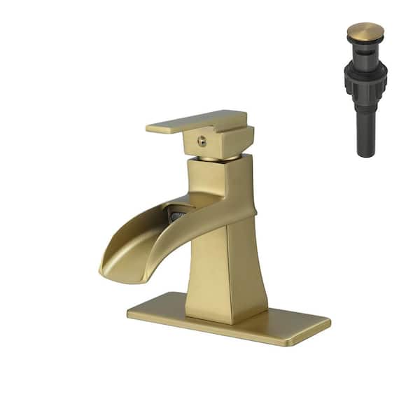 Unbranded Single Hole Single-Handle Low-Arc Bathroom Faucet With Pop-Up Drain Assembly and Waterfall in Brushed Gold