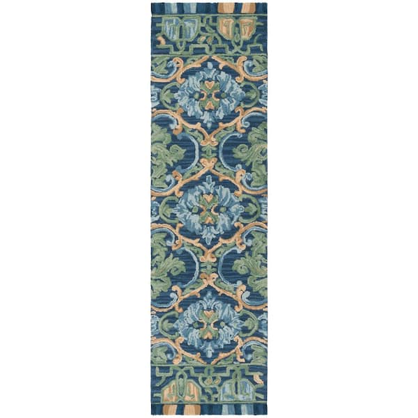 SAFAVIEH Blossom Navy/Green 2 ft. x 14 ft. Border Runner Rug