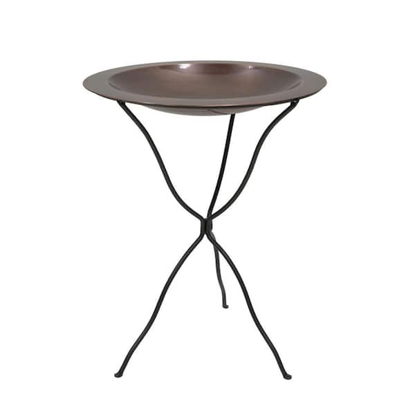 24 in. Dia. Round Antique Finished Brass Classic Copper Birdbath w/Black Wrought Iron Folding Ring Stand