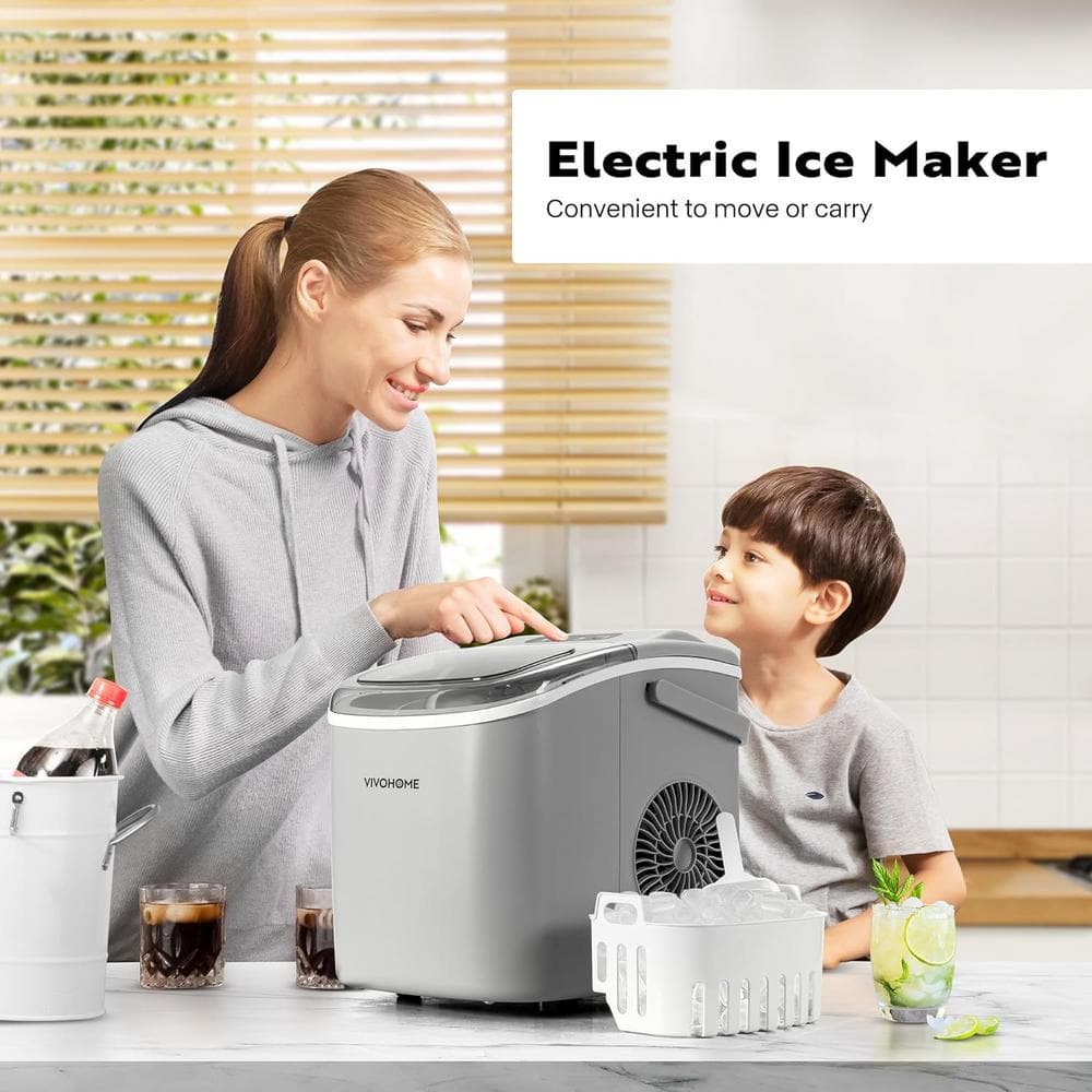 Compact Gray Portable Ice Maker with Handle and Self-Cleaning Function